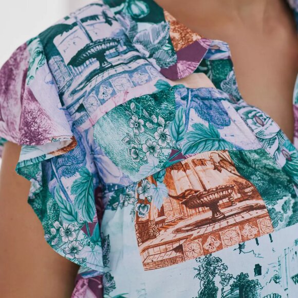 Anthropologie Flutter Sleeve Printed PJ Dress Size 2X Patchwork PJ Mini Collar - Picture 3 of 13